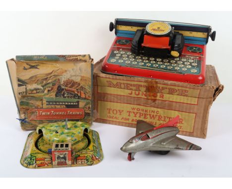 Mettoy Playthings Tinplate Twin Tunnel Trains, lithograph tinplate, long running clockwork scenic railway with two plastic tr