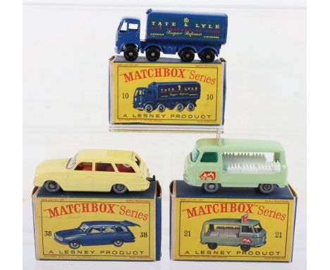 Three Boxed Matchbox Lesney Regular Wheels Models, 10c Foden Sugar Container Truck, dark blue body, black plastic wheels, mod