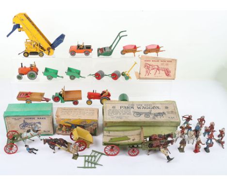 Dinky Toys Farm Models, including: 27g Motorcart, 105a garden roller, 2 x105b wheel barrow,  105e grass cutter, 300 Massey Fe