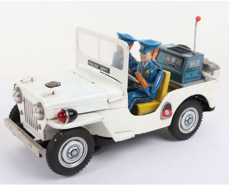 Nomura Toys (Japan) Large Tinplate Battery Operated Police Patrol Jeep, white body, lithographed tinplate detail, two police 