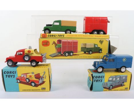 Three Vintage Corgi Toys Land Rover Models, Gift Set No 2 Land-Rover with Rice’s Pony Trailer and Pony, green Land-rover, tan