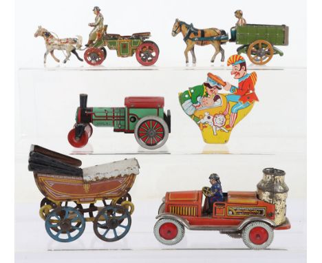 German tinplate Penny toys, Meier Horse Drawn carriage, Horse drawn cart, baby carriage,  plus an Arnold tinplate sparking fi