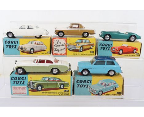 Five Vintage Boxed Corgi Toys, 208 Jaguar 2.4 Litre Saloon, white body, original box missing one end flap, 216 Austin A.40 Sa
