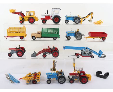 Vintage Corgi Farm Tractors and Implements, 54 Massey Ferguson 50B tractor with shovel, 55 David Brown 1412 tractor, 58 Beast