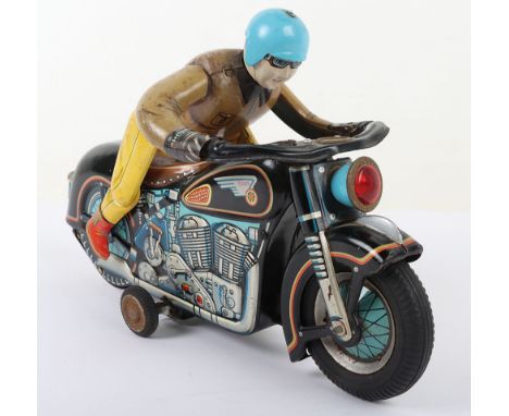 Masudaya (Japan) Battery operated Tinplate Expert Motorcyclist on Atom Motorcycle,  lithographed tinplate body, rubber front 