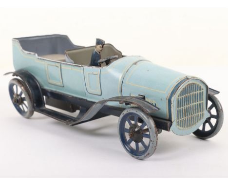 Bing tinplate clockwork Open-top Motor car, 1920s, finished in light blue with yellow and dark blue lining, tinplate driver, 