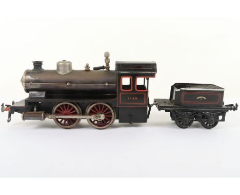 Bing gauge I live steam 0-4-0 locomotive and tender, with external cylinders, copper dome with chimney, dome, whistle and saf