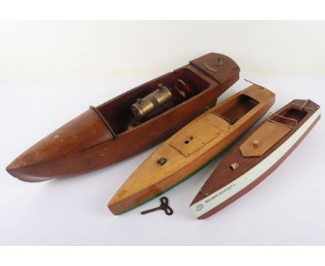 Three wooden hulled Motor boats, including an A J Holaday Greyhound V clockwork racing boat with key, 55cm long, Silver-Rocke