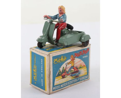 Rare Moko Matchbox Pop Pop Series Model Motor Scooter and Sidecar, green scooter, female rider, blue sweater, red trousers, i
