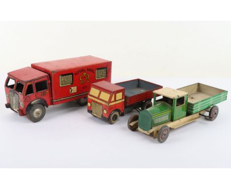 Three Tinplate Clockwork Lorries, including: Mettoy Tin Plate Clockwork Royal Mail Van, circa 1940’s lithographed tinplate bo