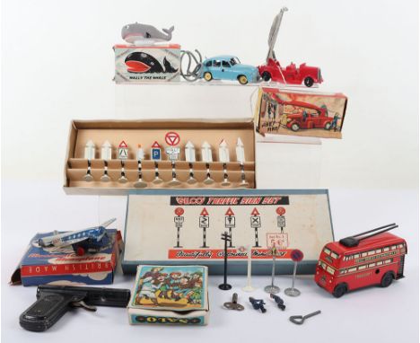 Gilco Traffic sign set and other toys, boxed set with ten various signs, good condition, box good, c/w Brimtoy tinplate Troll