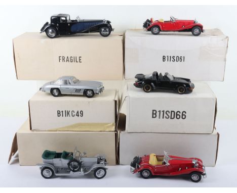 Six Franklin Mint model cars, 1:24 scale 1930 Bugatti Royale, two 1935 Mercedes Benz Roadster, 1907 Rolls-Royce Silver Ghost,