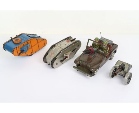 Two Tinplate Louis Marx & Co New York USA Military Tanks, Doughboy Tank, blue and orange lithographed tin, with top and side 