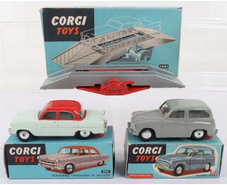 Three Vintage Early Blue Box Corgi Toys, 206M Hillman Husky, grey body, flat spun wheels, with flywheel motor, in good origin