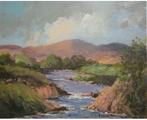 George K Gillespie RUA, 1924-1996
CROLLY RIVER, CO DONEGAL
Oil on board, 12" x 16" (30 x 40cm), signed, inscribed label verso