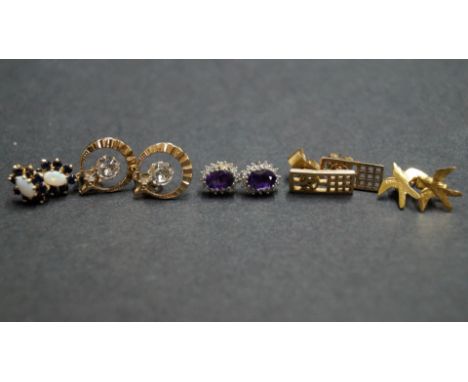 Two pairs 9ct ear studs, 2.2g; together with other 9ct gold examples set amethyst and diamonds; opal and sapphires; and cubic