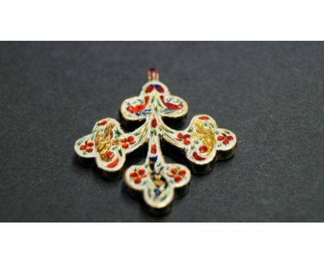 A yellow metal and coloured enamel trefoil pendant of Russian style.