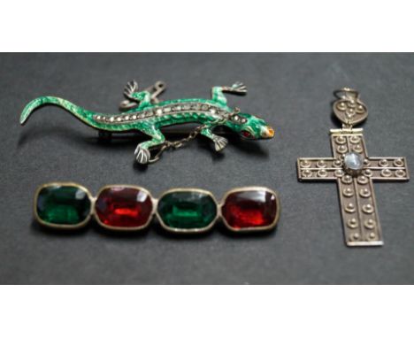 A silver salamander brooch decorated green enamel and marcasite; together with a silver cross pendant; and another bar brooch