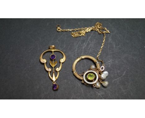 A 9ct Edwardian pendant having a white enamel circlet set peridot and five fresh water pearls on a fine chain, (a.f.); togeth