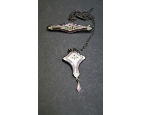 A silver and coloured enamel pendant on fine chain; together with matching brooch, by J Aitken & Sons, Birmingham 1913