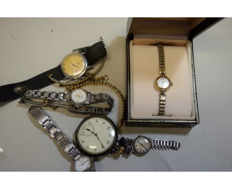 A vintage Tissot 'Seastar Visodate' gentleman's wristwatch, on leather strap; together with a silver cased pocket watch and f