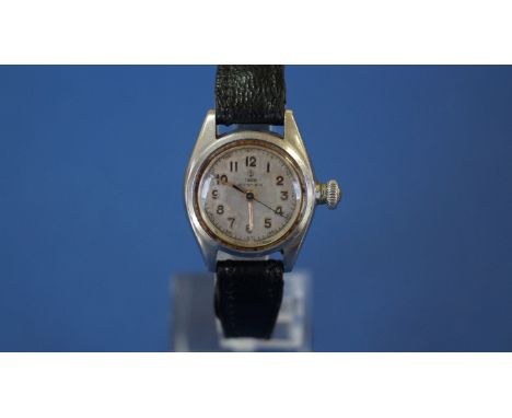 A vintage Tudor ladies manual wind wristwatch, on later leather strap. Condition Report: Not working, wind down crown not wor