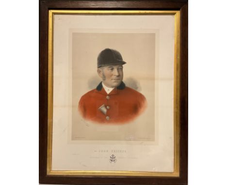 John Fricker, Huntsman to the Tedworth Fox-Hounds, coloured lithograph, dated 1886, 63cm x 70cm 