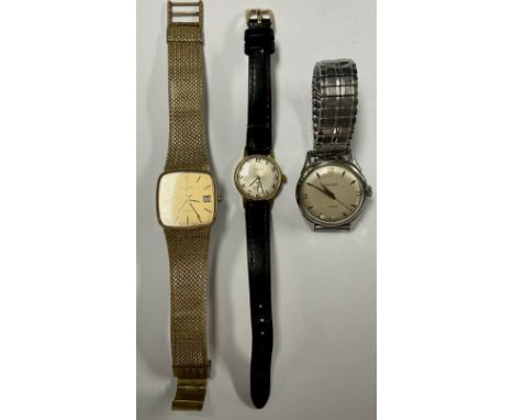A Zenith gold plated lady's watch, Arabic numerals, subsidiary seconds dial, black leather strap; a gentleman's gold plated R