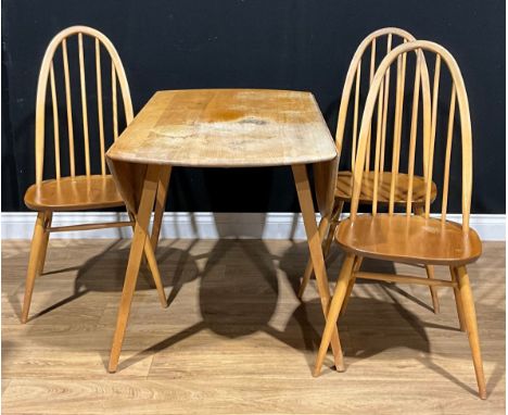 An Ercol beech and elm dropleaf dining table; a set of three Ercol Windsor dining chairs, unbadged (4) 