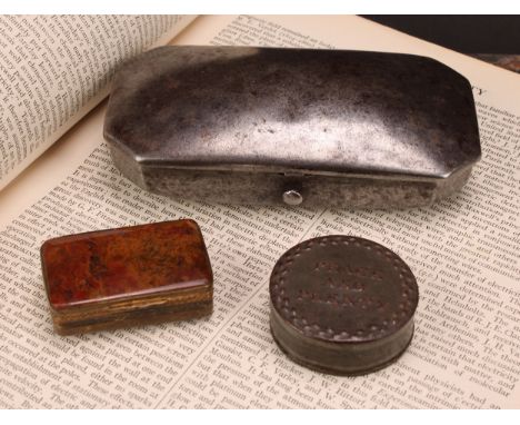 Snuff - a George III canted rectangular steel snuff or tobacco box; hinged cover inscribed "Robert Wheatley", 13.5cm wide, c.