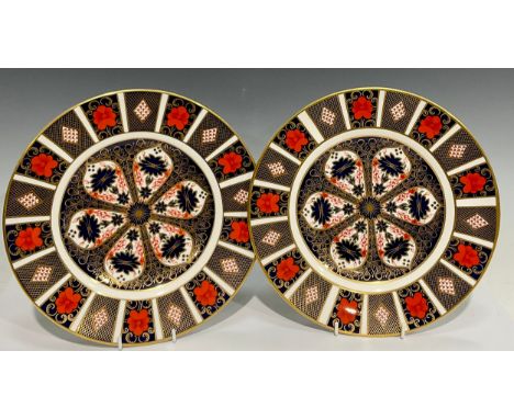 A pair of Royal Crown Derby Imari 1128 pattern dinner plates, 27cm diameter, printed mark in red, first quality 