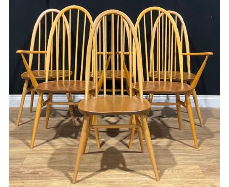 A set of six Ercol beech and elm Windsor Quaker design dining chairs, comprising four side chairs and a pair of carvers (6) 