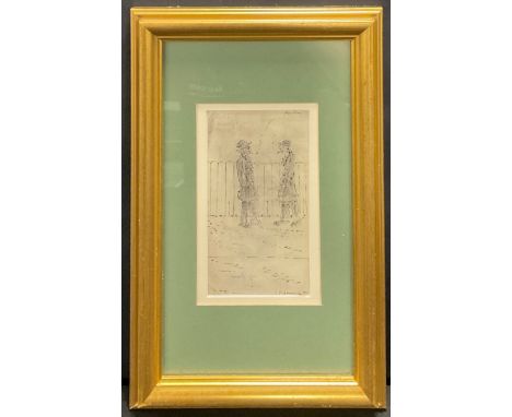 After LS Lowry  Two Figures Smoking a Pipe pen and ink, 16cm x 9cm 