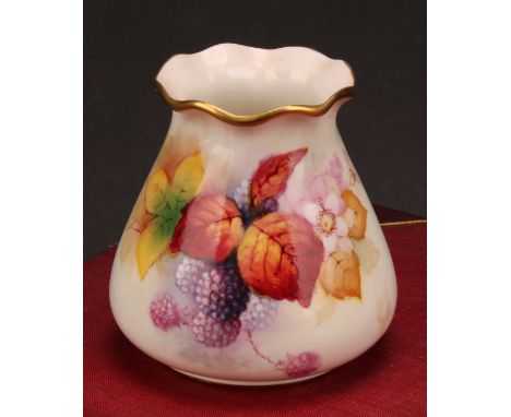 A Royal Worcester ovoid vase, pie crust rim, painted by Kitty Blake, signed, with ripe blackberries and autumn leaves, 8.5cm 