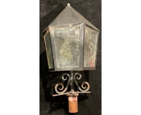 A large wrought iron and aluminium Victorian style garden lantern or light, 85cm high 