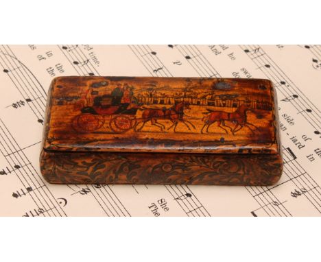 A Regency penwork snuff box, hinged cover decorated with a coach and four, the base with dense scrolling flowers, 9cm wide, c