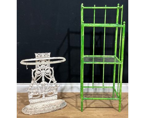 An Anglo-Japanese design cast metal etagere, 108.5cm high, 41cm wide, 32cm deep; a Coalbrookdale style walking stick or umbre