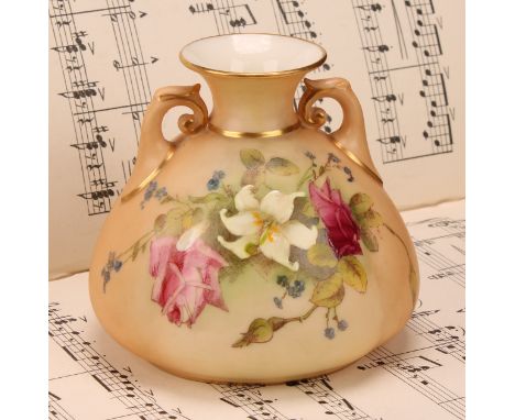 A Royal Worcester two-handled ovoid vase, printed and painted with summer flowers on a blush ivory ground, 8cm high, crown an