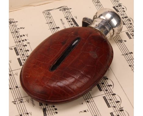 An Edwardian E.P.N.S mounted leather-clad oval hip flask, hinged domed cover, 13cm long, James Dixon &amp; Sons, c.1915 