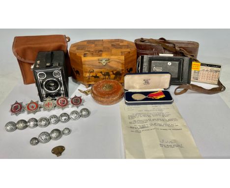 Boxes and Objects - a a Fire Brigade Long Service and Good Conduct Medal, boxed; other Fire Service cap badges, buttons, etc;