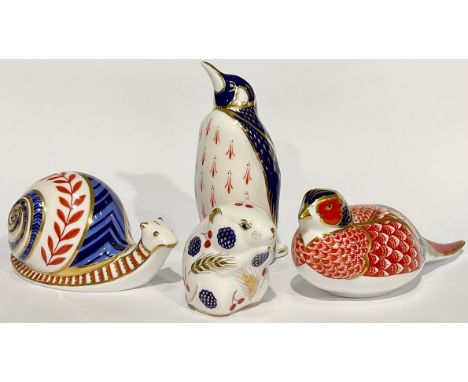 A Royal Crown Derby paperweight, Snail, original solid porcelain stopper, 13cm long, printed mark in red, first quality; othe