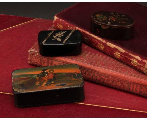 A Victorian papier-mâché rectangular snuff box, the hinged cover decorated with a peasant couple gathering in the harvest, pr