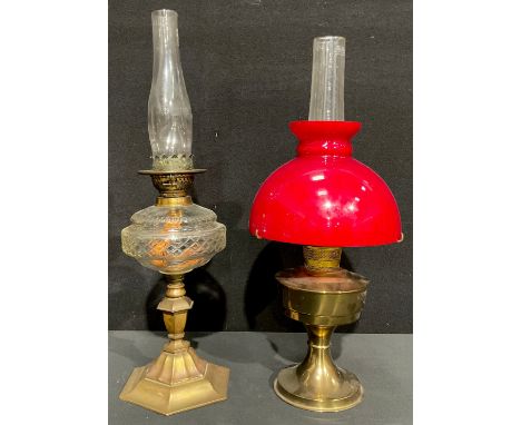 A Victorian brass and cut glass oil lamp, cut glass reservoir, hexagonal column, 62cm high; another 20th century, Aladdin, re