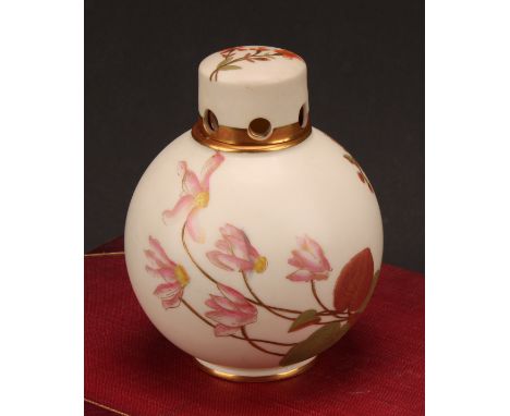 A Royal Worcester globular pot pourri vase and cap cover, painted with flowers on an ivory ground, picked out in gilt, 13cm h