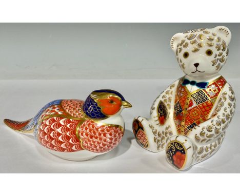A Royal Crown Derby paperweight, Teddy Bear, blue bow tie and Imari waistcoat, gold stopper, 12cm, printed mark; another, Phe