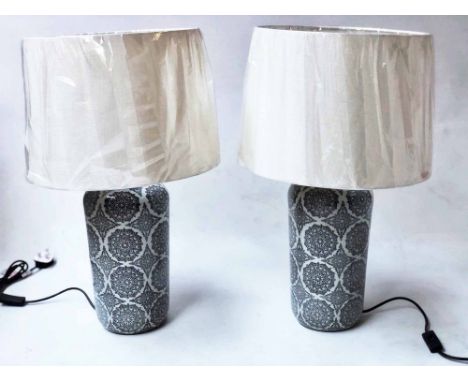 LAMPS, a pair, ceramic cask form grey white mosaic pattern with shades, 67cm H. (2)