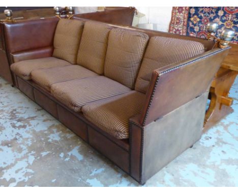 KNOLE SOFA, of substantial proportions, brown leather with studded detail and striped cushions, 255cm x 95cm x 112cm H.