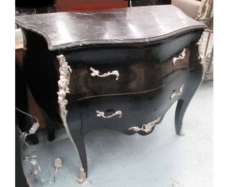 COMMODE, Louis XV style in black with two drawers and marble top, 100cm x 54cm x 84cm.