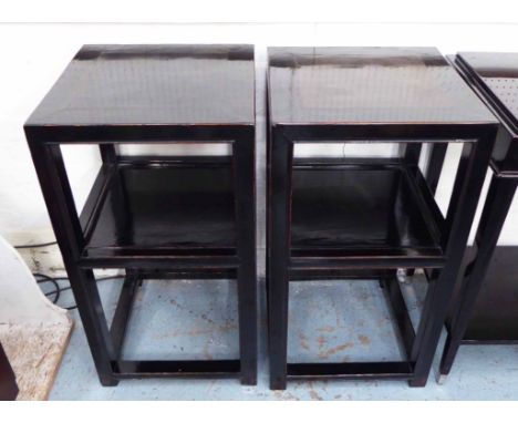 CHINESE PLANTER STANDS, two, ebonised wood with a shelf, 44cm x 44cm x 85cm H. (2)