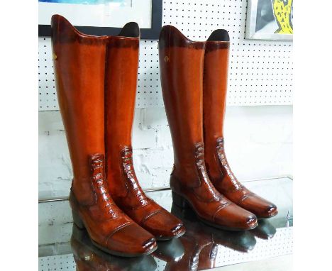 RIDING/WALKING STICK STANDS, two pairs, Country Estate boot design, stylised finish, 48cm H x 26cm W. (2)